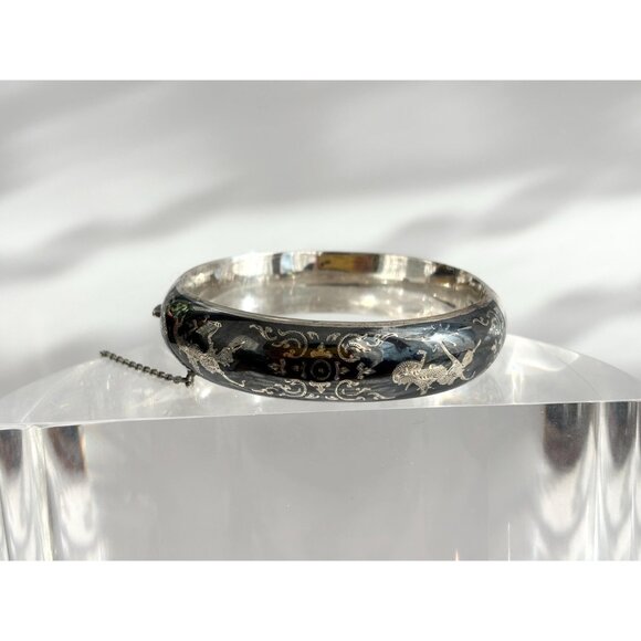 Siam Sterling Silver 925 Hand Carved Hinged Enclosure Vintage Bangle Bracelet - Picture 2 of 16